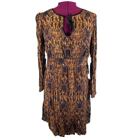 Context Lord & Taylor Brown Multicolor Dress Midi Long Bell Sleeve Women's Large - Picture 2 of 9
